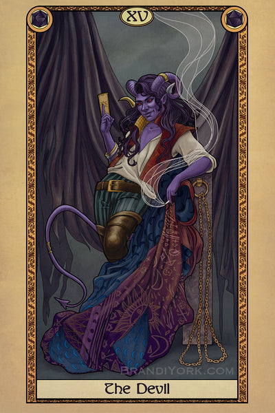 The Devil card from the Tabletop Tarot. A horned figure stands leaning on a stone column with chains hanging from it, and an ornate coat draped over it. In one hand, the figure holds a cigarette with smoke rising. In the other hand is a card between his fingers. In the background, tattered drapes hang, like tattered wings.