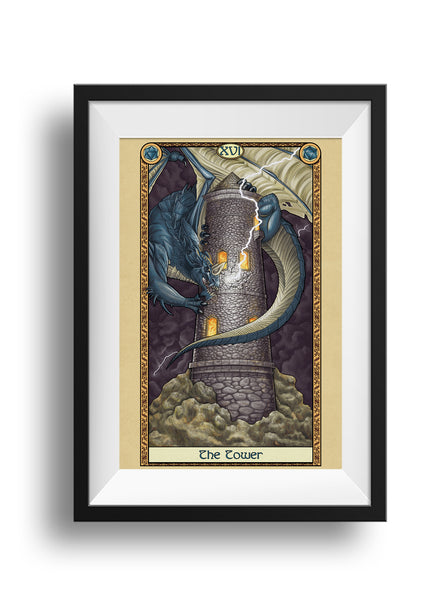 A framed art print of a blue dragon wrapping around a stone tower. A bolt of lightning strikes the tower and through the windows, flames burn. The art is surrounded by a decorative border with the words "The Tower" at the bottom.
