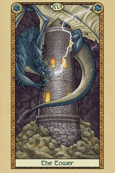 A blue dragon wrapping around a stone tower. A bolt of lightning strikes the tower and through the windows, flames burn. The art is surrounded by a decorative border with the words "The Tower" at the bottom.