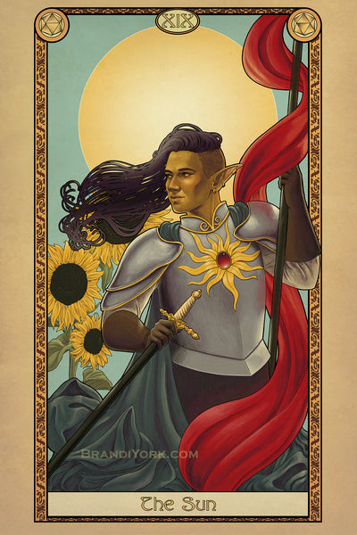 A figure in armor holding a pole with a red draping banner flowing down around them. In their other hand is a sheathed sword. Their armor is emblazoned with a sun symbol. Sunflowers and the sun fill out the image. A border surrounds the art with the words "The Sun" at the bottom.