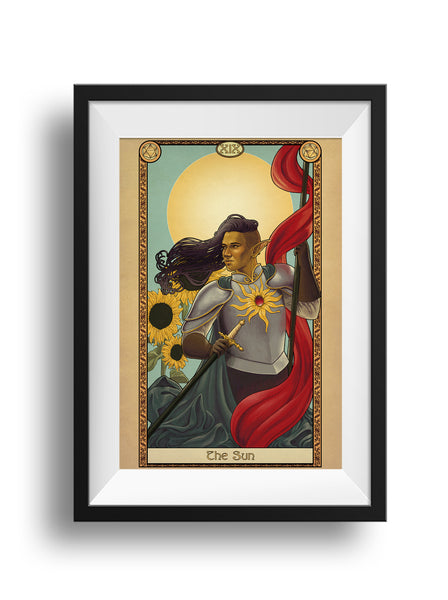 A framed print of a figure in armor holding a pole with a red draping banner flowing down around them. In their other hand is a sheathed sword. Their armor is emblazoned with a sun symbol. Sunflowers and the sun fill out the image. A border surrounds the art with the words "The Sun" at the bottom.