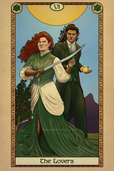 A woman and man stand beneath a bright sun. The woman holds her sword ready, smiling back at the man who is casting a spell. The art is surrounded by a decorative border with the words "The Lovers" at the bottom.
