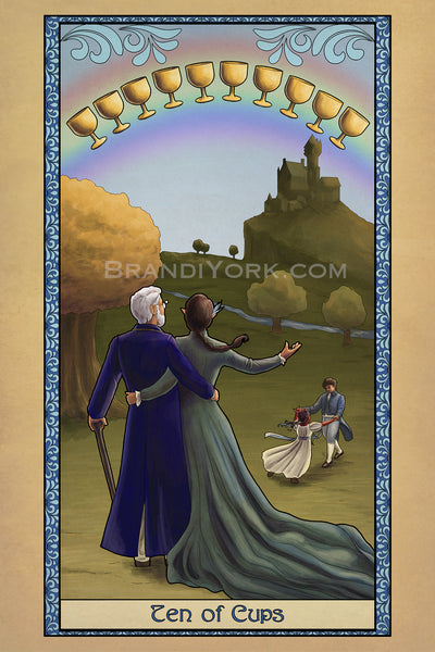The Ten of Cups, featuring a couple standing in each other's arms, looking toward their castle on the hill. Two children play in the field, and a golden tree stands in the distance. In the sky, ten cups float before a rainbow.