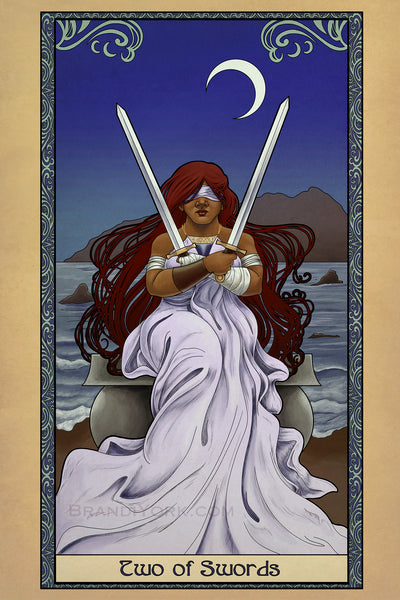 A dwarven woman sits on a stone bench before a large body of water, with land in the distance. She holds up two swords, crossed before her. Behind her is a dark sky with a crescent moon. The art is surrounded by a decorative border with the words "Two of Swords" at the bottom.