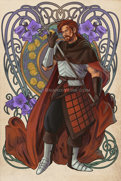 Azune from the Araman campaign of Critical Role. He stands facing at a slight angle with one foot forward. He looks toward his warhammer, the bottom balanced on the palm of his left hand, the right holding the shaft just below the head. Behind him is an intricate swirl art nouveau design with campanulas. In the ring behind him are coltsfoot flowers with a similar nouveau design motif.