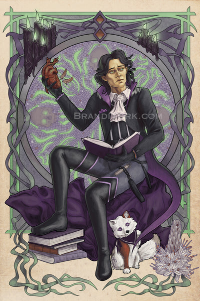 Occtis, a necromancer, sits with one foot propped up on a stack of books. He holds the book from his hip holster in one hand in his lap. His other arm is raised with a heart held in his hand, two brown feathers floating away from the heart. Pincushion sits beside his foot, a paw raised to bat at Occtis' tailcoat. Next to Pincusion is an Asphodel flower, which means my regrets follow you to the grave.

Behind is an intricate art nouveau frame.