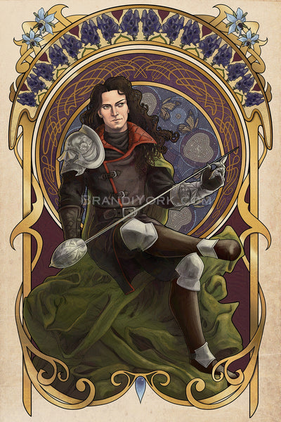 Sir Julien Davinos sits crossed legged within a detailed art nouveau frame, looking off to the side. He holds his sword up at an angle, the fingers of his gauntlet touching the blade of his rapier. His green cloak pools at his feet. Behind him, within the gold detailed frame, is a mosaic of butterflies and apples. Above his head is a frame of monkshood flowers. Four borage flowers cap the upper corners of the frame.