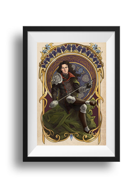 A framed image of Sir Julien Davinos sits crossed legged within a detailed art nouveau frame, looking off to the side. He holds his sword up at an angle, the fingers of his gauntlet touching the blade of his rapier. His green cloak pools at his feet. Behind him, within the gold detailed frame, is a mosaic of butterflies and apples. Above his head is a frame of monkshood flowers. Four borage flowers cap the upper corners of the frame.