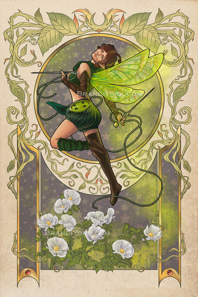 The pixie Thimble floats in a mid-spin in the middle of an ornate frame with vines wrapping around the top circle and side panels. She has one hand up with one of her needle daggers pointed out, her other arm down behind her with a needle dagger pointing upward. A piece of thread circles around her. Her wings leave a trail of pixie dust that lead down to prickly poppy flowers at the bottom of the frame.