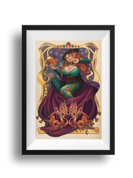 A framed print of Murray, a red headed divination wizard. She sits amid a flowing swath of magenta fabric, a book in her right hand, her left hand up with her pinky nail touching the gem tooth as she smiles, looking toward the viewer. Snapdragons and tiger lilies detail the bottom of a gilded frame studded with gems. Behind her is a field of stars.