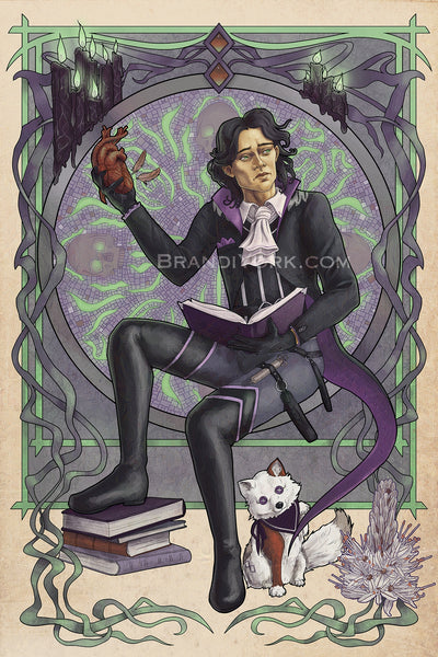 Occtis, a necromancer, sits with one foot propped up on a stack of books. He holds the book from his hip holster in one hand in his lap. His other arm is raised with a heart held in his hand, two brown feathers floating away from the heart. Pincushion sits beside his foot, a paw raised to bat at Occtis' tailcoat. Next to Pincusion is an Asphodel flower, which means my regrets follow you to the grave.

Behind is an intricate art nouveau frame.