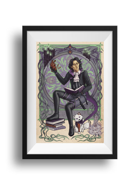 A framed image of a print of necromancer Occtis sitting, one foot propped up on a stack of books. He holds the book from his hip holster in one hand in his lap. His other arm is raised with a heart held in his hand, two brown feathers floating away from the heart. Pincushion sits beside his foot, a paw raised to bat at Occtis' tailcoat. Next to Pincusion is an Asphodel flower, which means my regrets follow you to the grave.

Behind is an intricate art nouveau frame