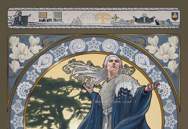 A close up of the face, hands, and hair, as well as the frame elements of the upper half of the piece.