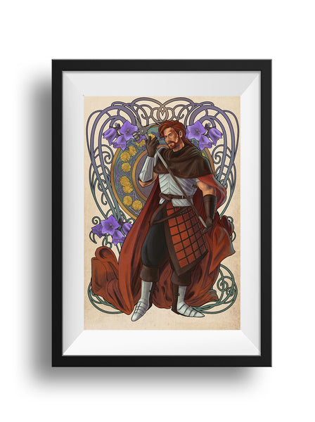 A framed image of Azune from the Araman campaign of Critical Role. He stands facing at a slight angle with one foot forward. He looks toward his warhammer, the bottom balanced on the palm of his left hand, the right holding the shaft just below the head. Behind him is an intricate swirl art nouveau design with campanulas. In the ring behind him are coltsfoot flowers with a similar nouveau design motif.