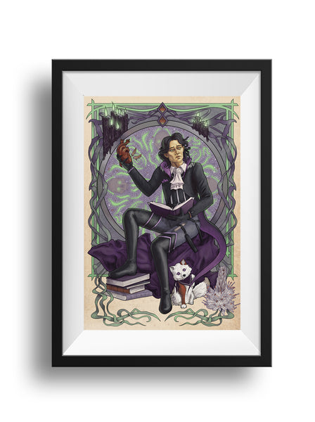 A framed print of Occtis, a necromancer, sitting with one foot propped up on a stack of books. He holds the book from his hip holster in one hand in his lap. His other arm is raised with a heart held in his hand, two brown feathers floating away from the heart. Pincushion sits beside his foot, a paw raised to bat at Occtis' tailcoat. Next to Pincusion is an Asphodel flower, which means my regrets follow you to the grave.

Behind is an intricate art nouveau frame.