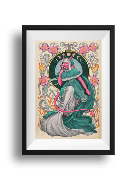 A framed print of Tyranny sitting before a dark green ring, the moon phases within the ring behind her horns. Her left hand is raised to her lips, her right hand holding out flowing fabric. One leg is raised up, a hoof peeking out from the folds of fabric as her tail circles around her legs. Behind is a frame of smoke and flames with dog roses and a candle burning at the top center, above the moons and her horns.