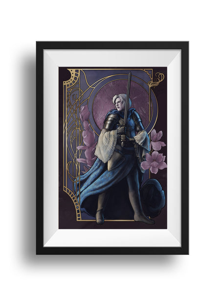 A framed image of a tall pale woman with white hair standing with her legs spread apart. Her body faces left while her head looks to the right. In her hands is a raised longsword, pointed upwards. She wears a breastplate and shoulder armor, with long white billowing sleeves. Long blue velvet drapes from her waist and back, circling around her legs. The frame behind is decorative with a large circle behind her head, shattered glass with light reflecting the edges. Magnolias surround behind her.