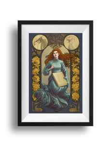 A framed image of Shallan Davar drawn after the art nouveau style. She is sitting, wearing a teal gown that shifts colors in the draping at her feet. Her red hair flares out behind her in art nouveau curls. She has a large sketch pad in her lap with two faint sword sketches on the paper. Her right hand is up with a pen in hand. She's looking up toward her spren Pattern above, who is represented in a complex, curving, repeating pattern. 
