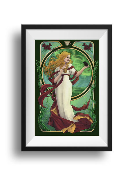 A frame featuring a print of Tress, in a cream gown and dark red and gold wrap, holding a cup in her left hand. Her right hand is raised with Huck the rat standing on his hind legs on her palm. Behind her is a gold frame with green vines growing up the sides from the bottom. In the top corners are dark red alstroemeria flowers. In the circle behind Tress is a view of the Emerald Sea, the emerald moon raining down spores to the sea.