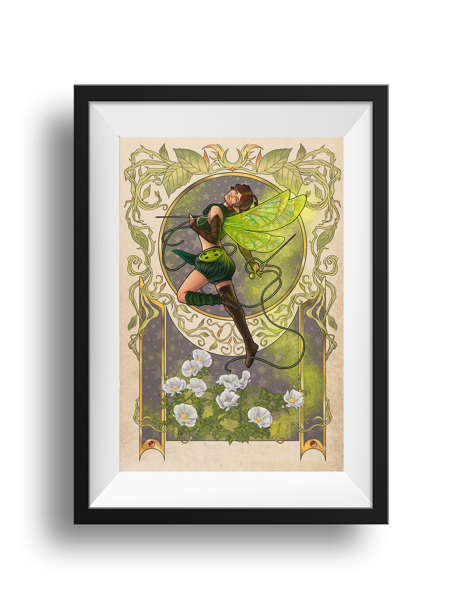 A framed version of the pixie Thimble floats in a mid-spin in the middle of an ornate frame with vines wrapping around the top circle and side panels. She has one hand up with one of her needle daggers pointed out, her other arm down behind her with a needle dagger pointing upward. A piece of thread circles around her. Her wings leave a trail of pixie dust that lead down to prickly poppy flowers at the bottom of the frame.