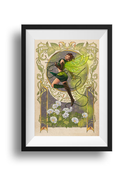 A framed version of the pixie Thimble floats in a mid-spin in the middle of an ornate frame with vines wrapping around the top circle and side panels. She has one hand up with one of her needle daggers pointed out, her other arm down behind her with a needle dagger pointing upward. A piece of thread circles around her. Her wings leave a trail of pixie dust that lead down to prickly poppy flowers at the bottom of the frame.