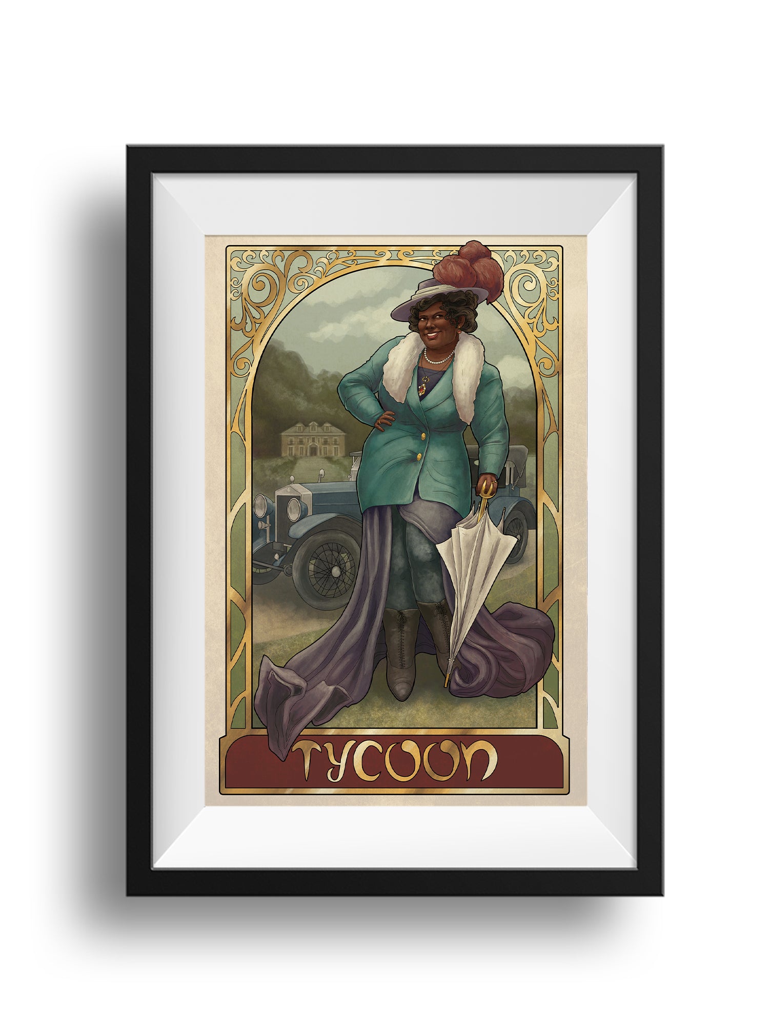 A framed print of the Candela Obscura archetype - The Tycoon. A well dressed woman in furs and a plumed hat stands on grass, a white parasol in her hand. Behind her is a 1910s era car, and a large manor house in the distance. An intricate gold frame surrounds her, with the word "Tycoon" at the bottom of the frame.