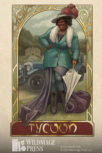 The Candela Obscura archetype - The Tycoon. A well dressed woman in furs and a plumed hat stands on grass, a white parasol in her hand. Behind her is a 1910s era car, and a large manor house in the distance. An intricate gold frame surrounds her, with the word "Tycoon" at the bottom of the frame.