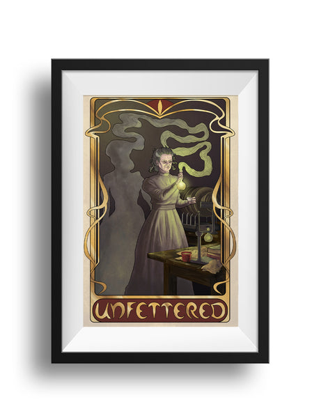 A framed print of the Candela Obscura archetype - The Unfettered. An older woman stands before a lab table full of various equipment. She holds in her hand a beaker filled with a glowing liquid. Smoke pours out from the top, shifting to form a shadowy female figure behind the older woman. A gold frame surrounds the image with the word "Unfettered" at the bottom of the frame.