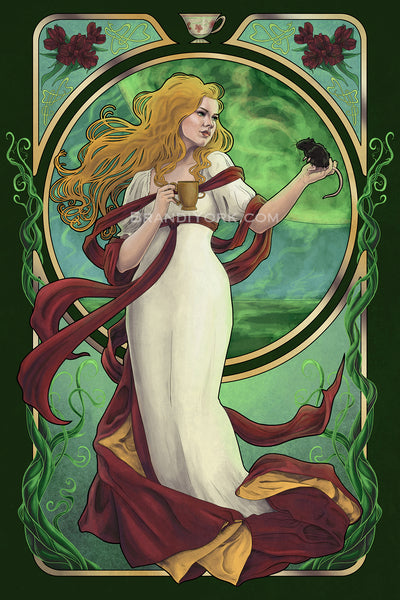 Tress stands in a cream gown and dark red and gold wrap, holding a cup in her left hand. Her right hand is raised with Huck the rat standing on his hind legs on her palm. Behind her is a gold frame with green vines growing up the sides from the bottom. In the top corners are dark red alstroemeria flowers. In the circle behind Tress is a view of the Emerald Sea, the emerald moon raining down spores to the sea.