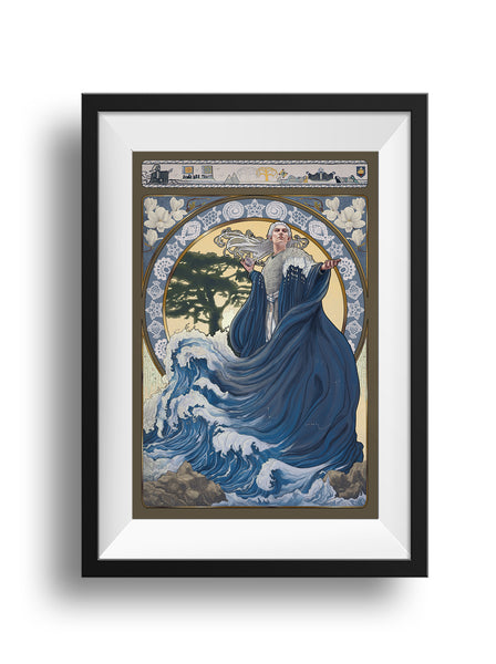 A framed print of a winning cosplay build of Ulmo, Lord of the Waters. He stands with his left hand outstretched, his right hand behind, holding a conch shell. His robe drapes down around him, turning into waves crashing upon the rocks. Behind him is an elaborate frame featuring elements of the cosplay, magnolia flowers, and a Cedar of Lebanon tree.