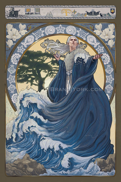 Ulmo, Lord of the Waters. He stands with his left hand outstretched, his right hand behind, holding a conch shell. His robe drapes down around him, turning into waves crashing upon the rocks. Behind him is an elaborate frame featuring elements of the cosplay, magnolia flowers, and a Cedar of Lebanon tree.