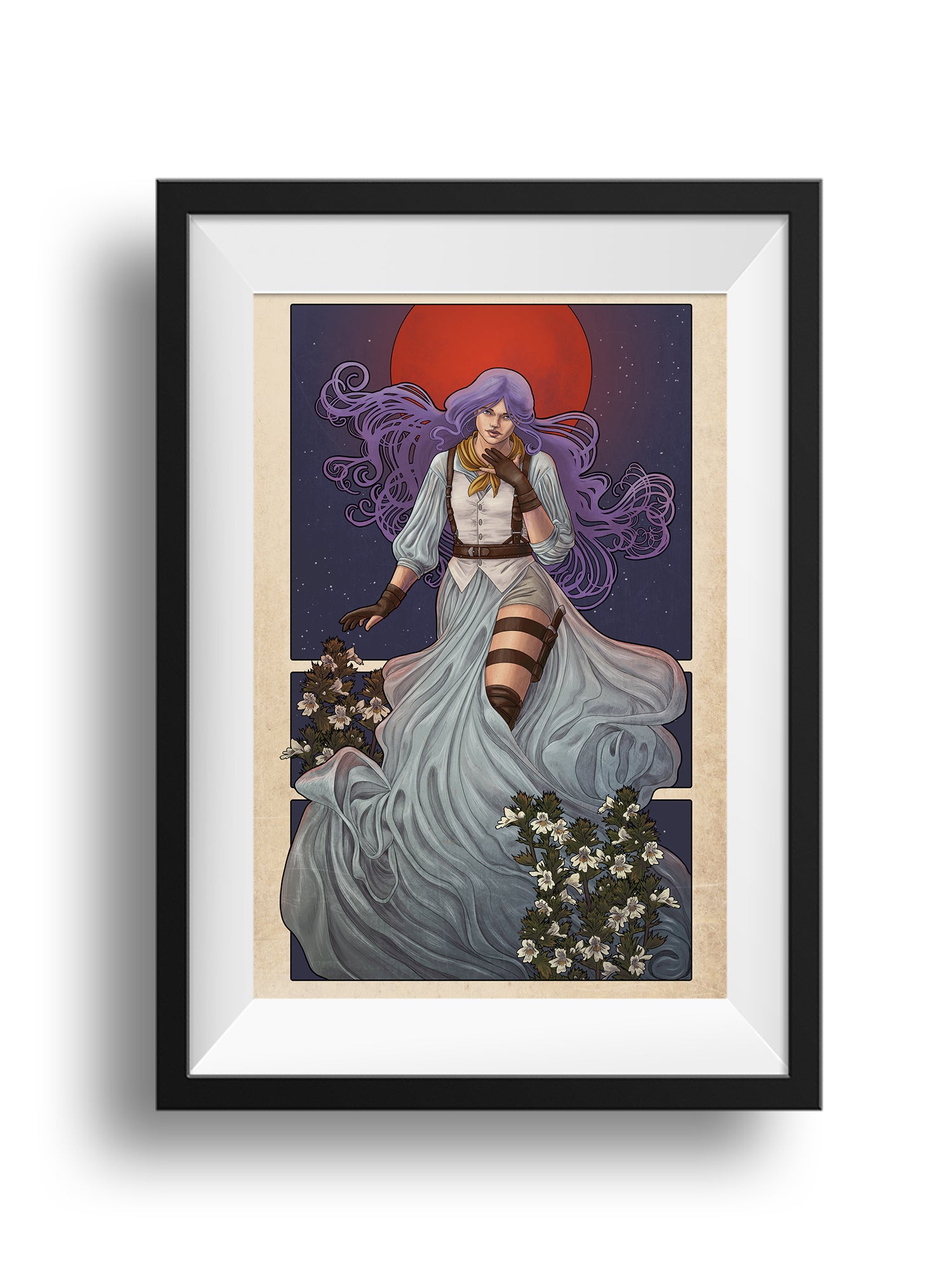 A framed print of Imogen floating before a red moon. Her hair drifts off, and skirts drape around her legs. Eyebright flowers decorate both sides.