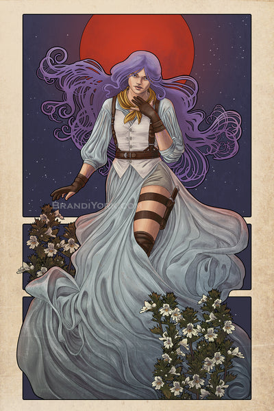 Imogen floats before a red moon. Her hair drifts off, and skirts drape around her legs. Eyebright flowers decorate both sides.