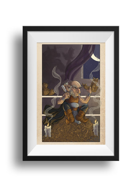 A framed print of Chetney sitting upon a pile of wood shavings, a chisel in one hand, a wooden ship held up in the other. Behind him is a window with a sliver of the moon shining through. On the far wall, a shadow of a werewolf rises up.
