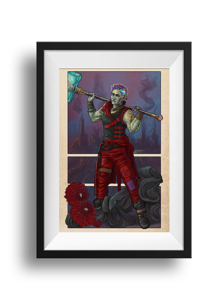 A framed print of Ashton standing among the folds of the portable hole, his hammer resting upon his shoulders. Mourning bride flowers decorate the bottom corner, while a smoking city looms in the background.