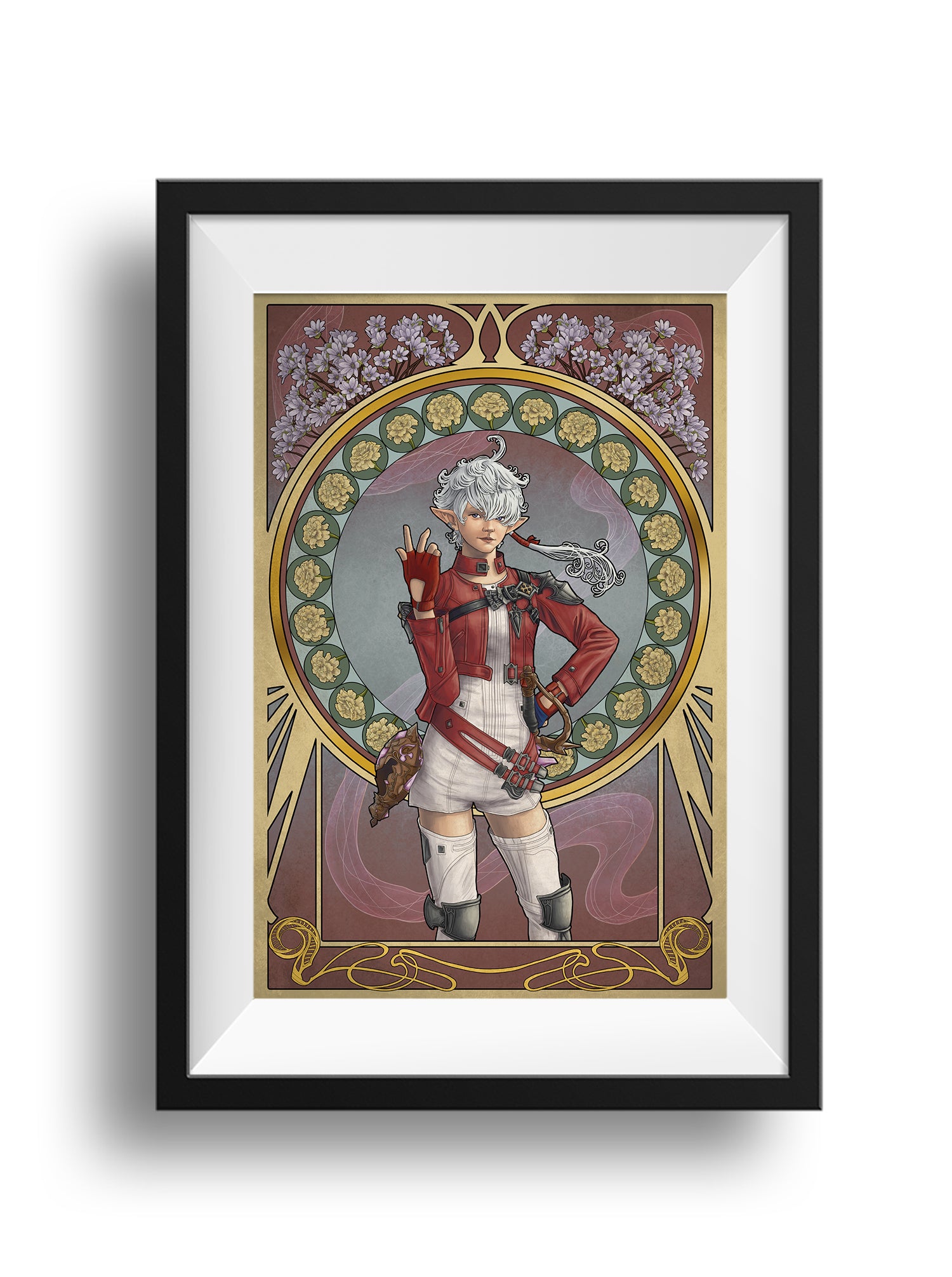 A framed print of Alisaie standing with one hand lifted, the other on her hip, glancing off to the side. Her flowers are liverwort for confidence and white marigolds for stubbornness.