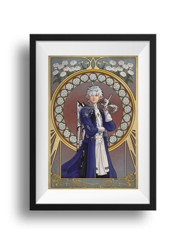 A framed print of Alphinaud as he stands with his hand raised, a finger pointed up as he glances off to the side. Behind him, the colors fade from blue to red and back, two flowers adorning his frame - above, white zinnias for goodness, and geraniums for folly.