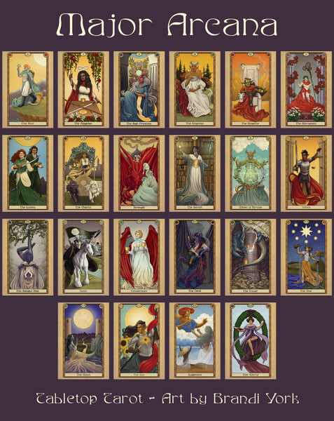 22 cards of the Major Arcana on a purple background