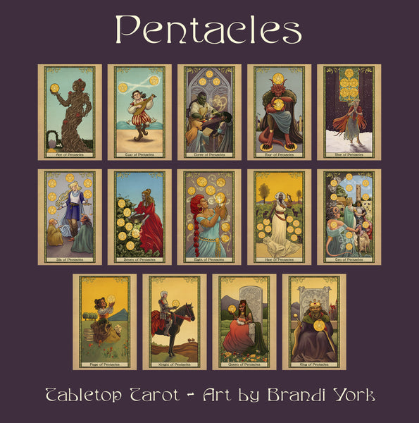 16 cards from the Pentacles suit on a purple background