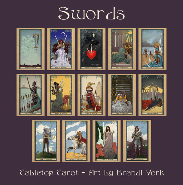 16 cards from the Swords suit on a purple background