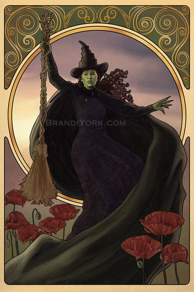 Elphaba floats with her broom held aloft in her right hand, her left hand extending out toward the edge of the image. A circular frame sits behind her with a sunset. The top of the frame features golden swirls on a green background. Below, her cape extends down around red poppies.