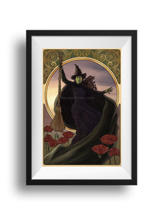 A framed image featuring Elphaba floating with her broom held aloft in her right hand, her left hand extending out toward the edge of the image. A circular frame sits behind her with a sunset. The top of the frame features golden swirls on a green background. Below, her cape extends down around red poppies.