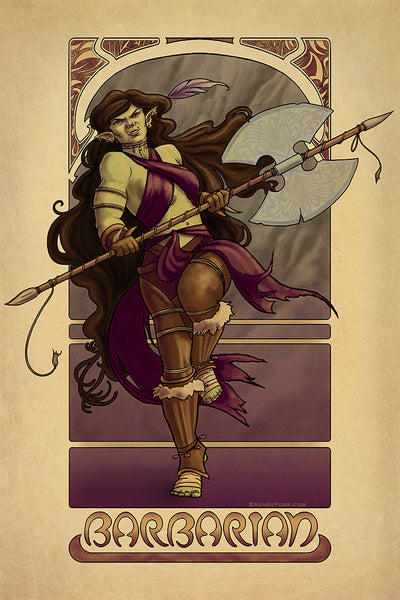 A digital print of a green-skinned half orc woman, running toward the viewer with a massive battle axe in hand. She has long flowing deep brown hair, and is dressed in minimal leg armor and flowing purple wrap. The design is enclosed by a frame with the word BARBARIAN at the bottom.