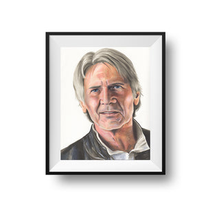 A black frame with a white mat holds a print of a portrait of Harrison Ford as Han Solo from Star Wars: The Force Awakens. Originally drawn in Copic marker.