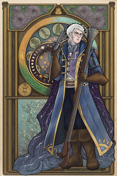 Art nouveau styled print of Percy from Critical Role standing holding the large gun Bad News and smaller gun Animus, wearing Cabal's Ruin. Behind is the Whitestone clock, with elements of Vox Machina (and Trinket!) Dahlias adorn the clock, meaning "elegance and dignity."