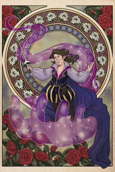 Artwork featuring Scanlan Shorthalt, gnome bard of Vox Machina from Campaign one of Critical Role. Scanlan stands upon Bigby's hand, flourishing his vestige blade, Mythcarver.