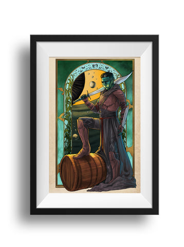 A black frame and white mat hold an art nouveau styled print of Fjord from Critical Role. He stands with his falchion over his shoulder, looking toward the viewer, one foot up on a barrel. Behind him is an archway surrounded by seaweed and a giant yellow eye with water bubbles around it.