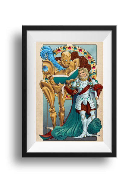 A black frame and white mat hold an art nouveau styled print ofTary stands poised in his brilliant armor, beside Doty. Doty holds a book and feathered quill, poised to write. Jewels and gold adorning the frame behind. Inside the frame are amaranth cockscombs, which mean "foppery and affection."