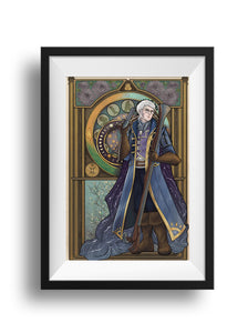 A black frame and white mat hold an art nouveau styled print of Percy from Critical Role standing holding the large gun Bad News and smaller gun Animus, wearing Cabal's Ruin. Behind is the Whitestone clock, with elements of Vox Machina (and Trinket!) Dahlias adorn the clock, meaning "elegance and dignity."