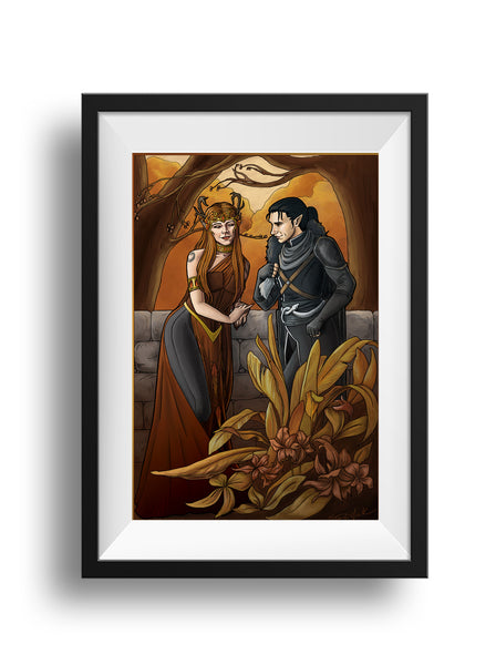 A black frame and white mat hold an art nouveau styled print of Keyleth and Vax’ildan from Critical Role standing before a stone wall. Keyleth leans on the wall, while Vax stands beside her. Large leaves and flowers are in front of Vax, while behind are trees with orange and gold tops.